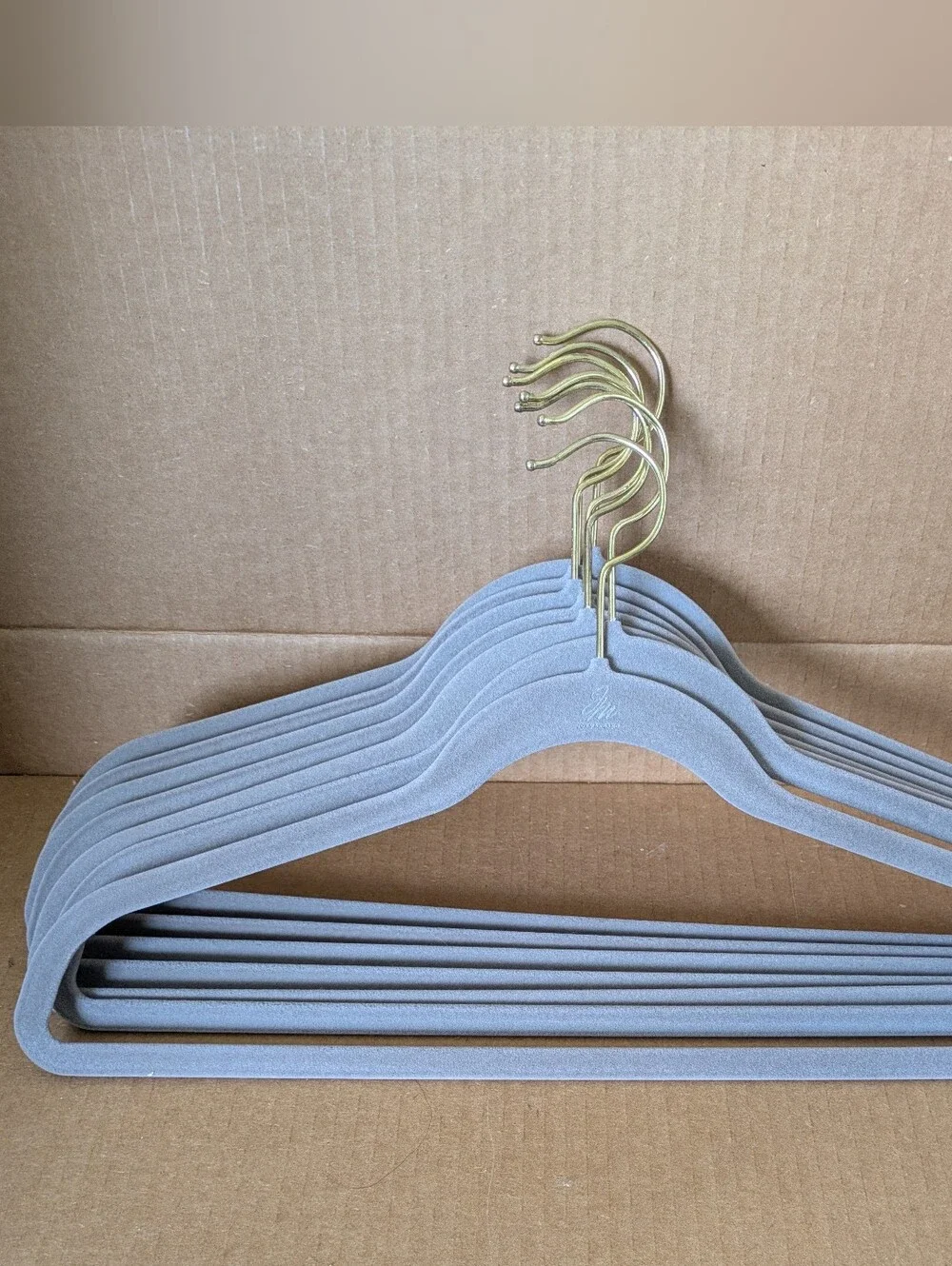 Joy Mangano Gray Velvet Non Slip Slim Hangers with Gold Tone Swivel Hooks Set 7